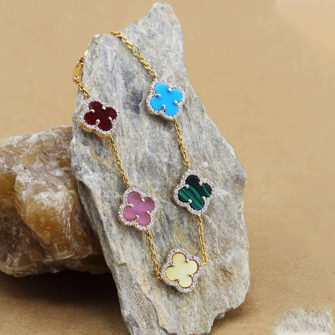 Clover Leaf with Multi Colour Stones Gold Bracelet